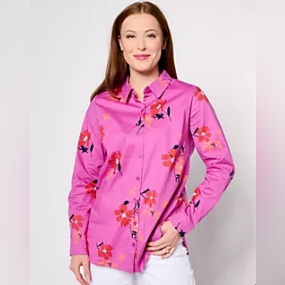 NEW Denim & Co. Printed Poplin Shirt w/ Side Slits in the color Rosebud